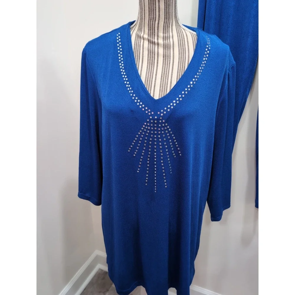 Vintage 90's Quacker Factory Women's 2-Piece Blue Pant Set XL Rhinestone‎ Y2K